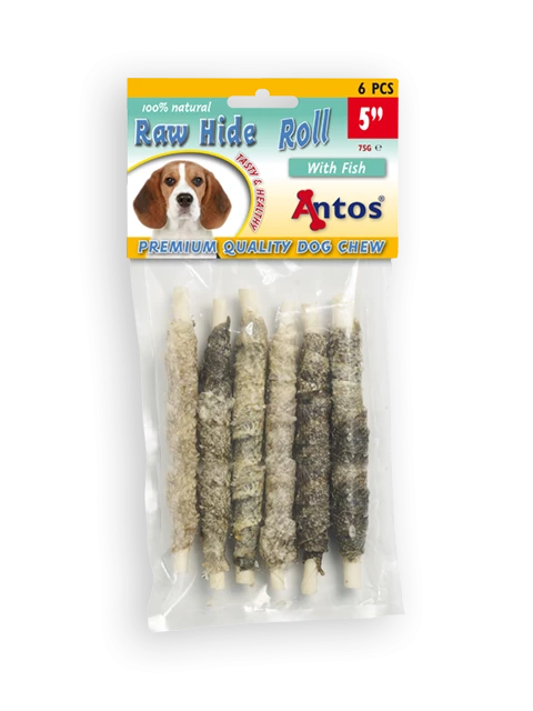 Raw Hide White + Fish Roll 5" 6 Stück